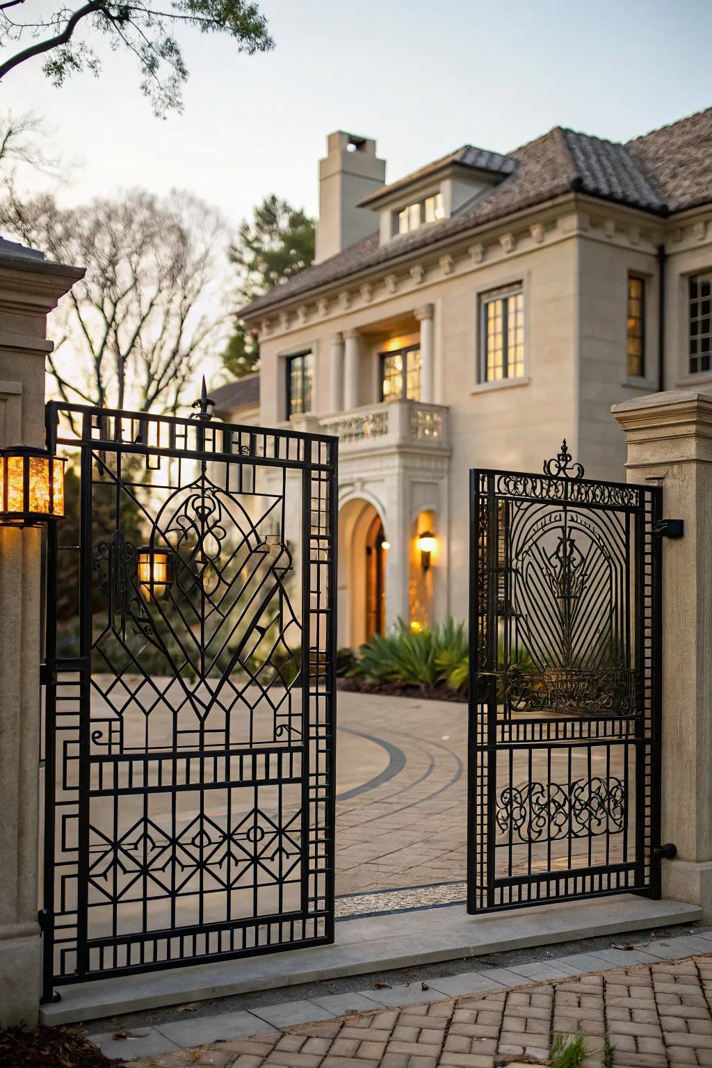 An Art Deco gate enhances refined glamour with its elaborate patterns.