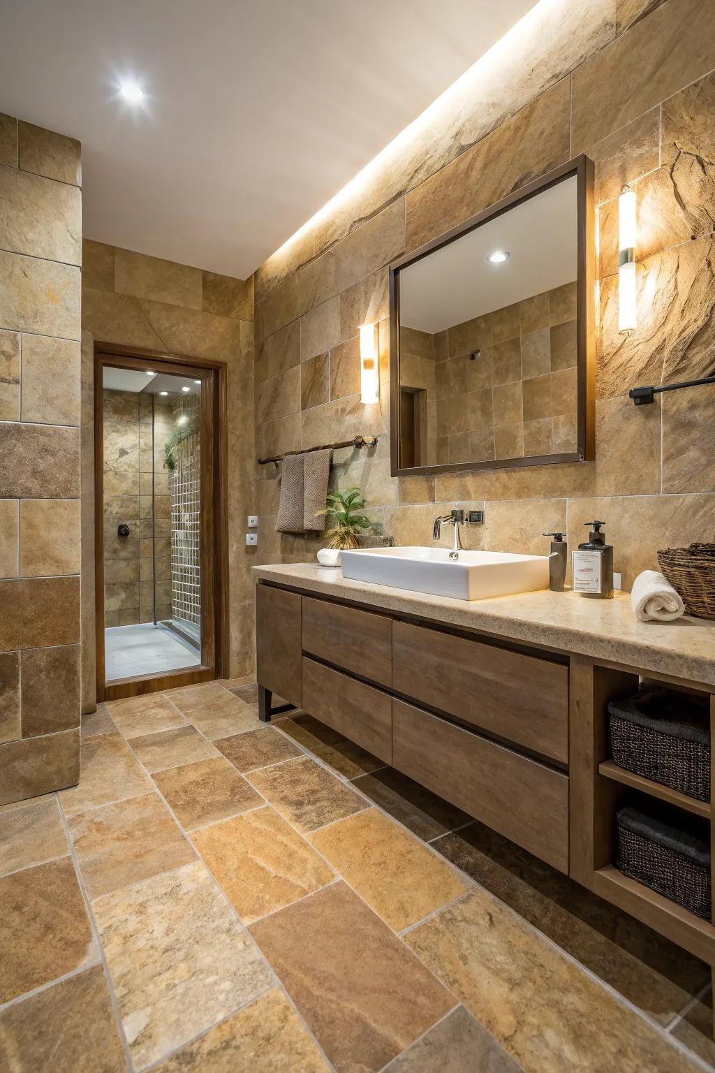 Sandstone-style tiles deliver natural beauty with easy maintenance.
