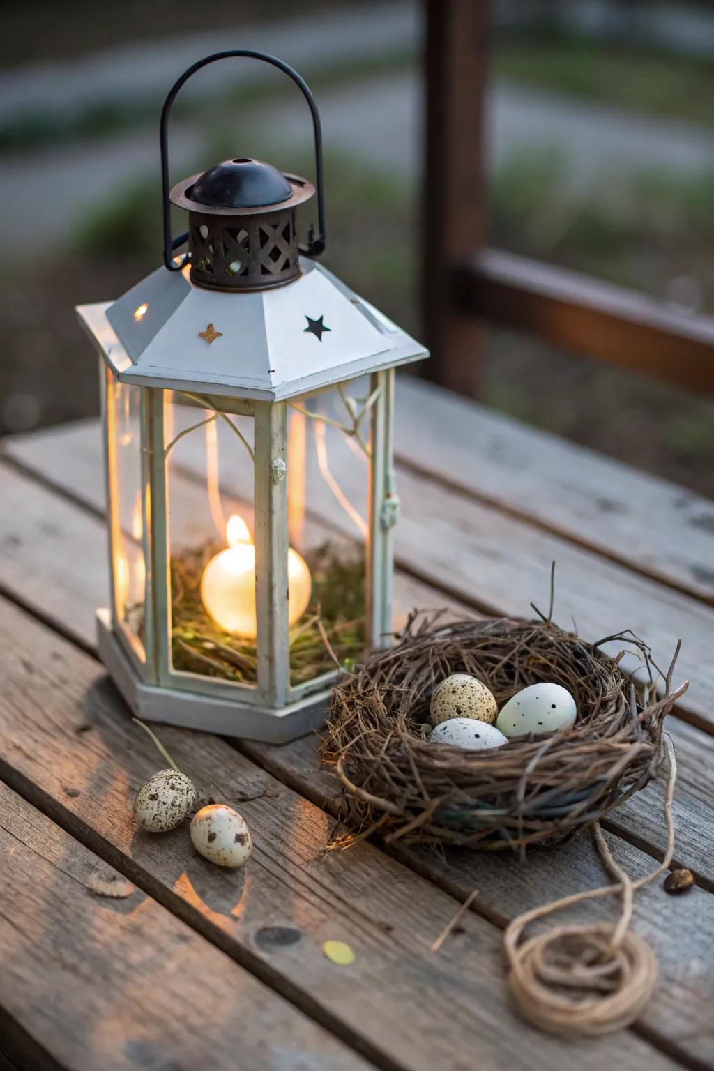 A fledgling home appends a whimsical, springtime element to your lantern.
