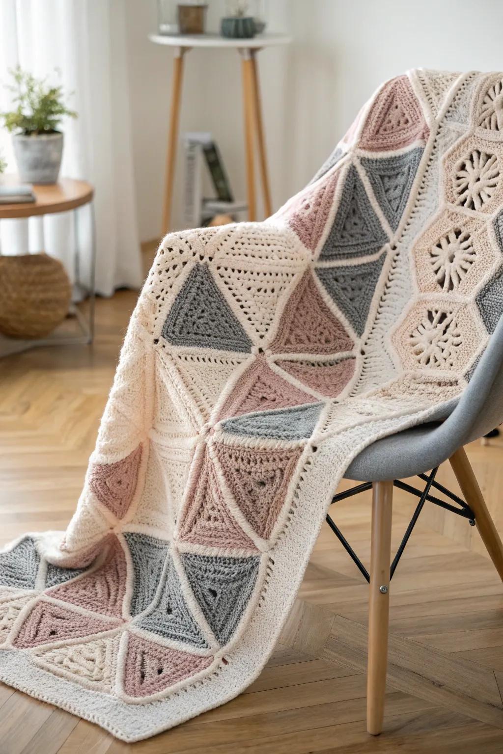 Transform your area with a hint of geometric elegance through this stunning minimalist crochet blanket.