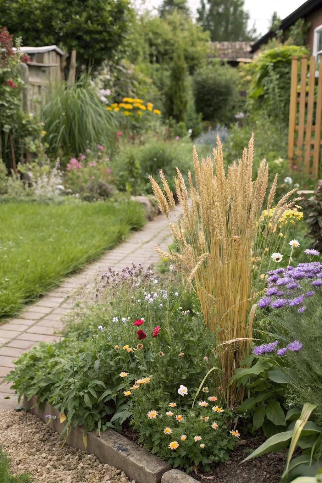 Grains like wheat introduce a surprising and rustic touch to the garden.