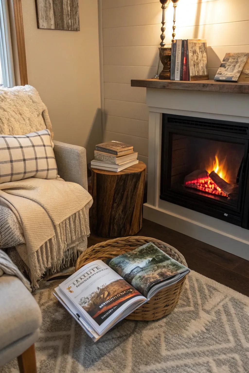 A fireplace area is perfect for reading and relaxing.