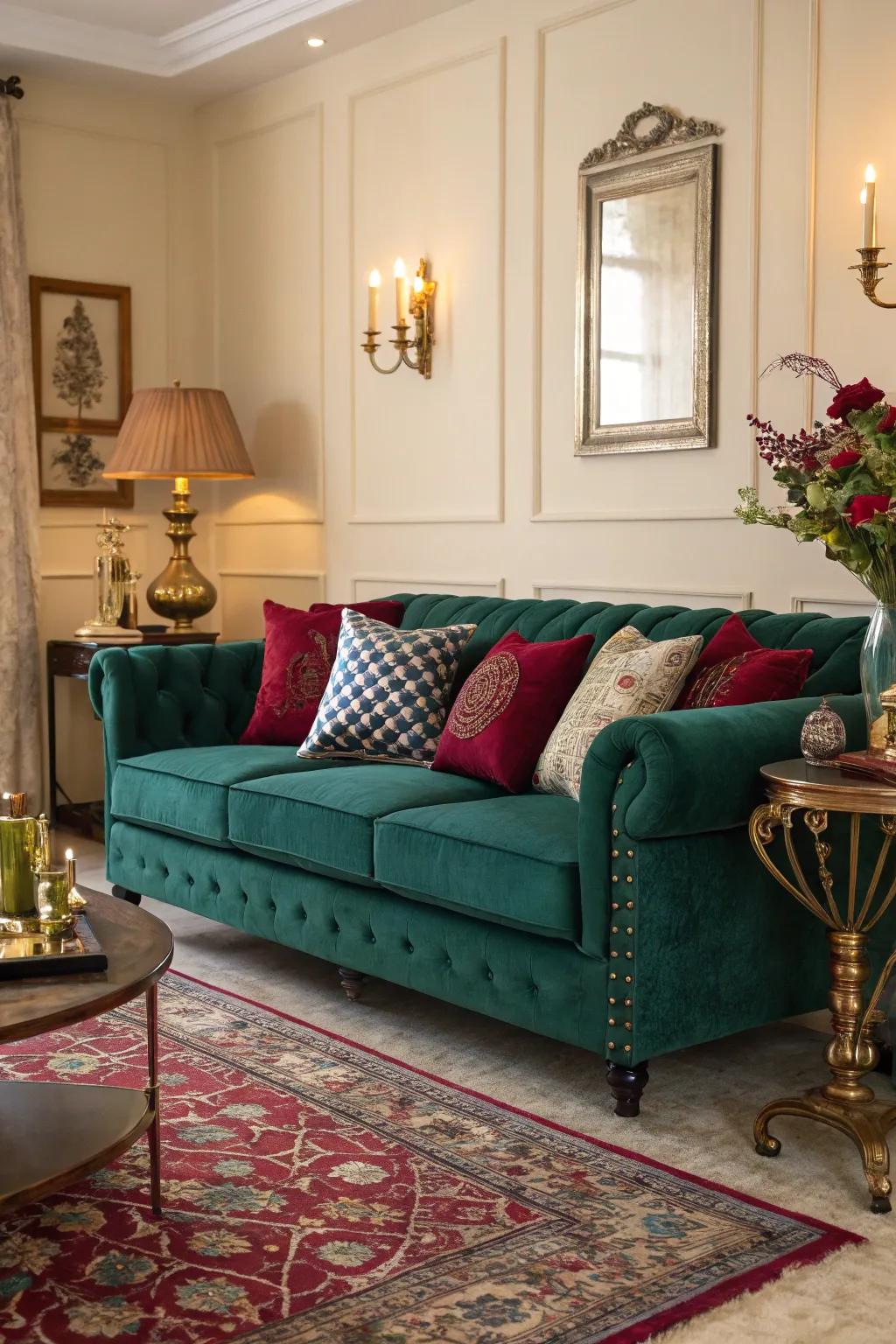 A striking jewel-toned palette enhances the deep-green couch.