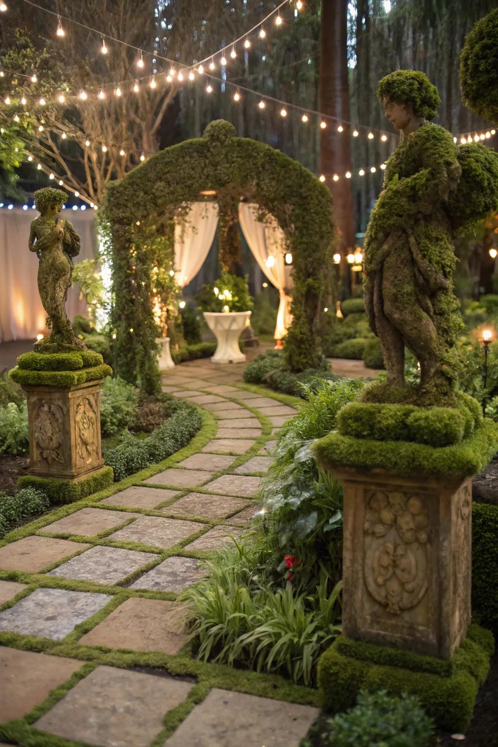 Moss-adorned decor blends effortlessly with nature.