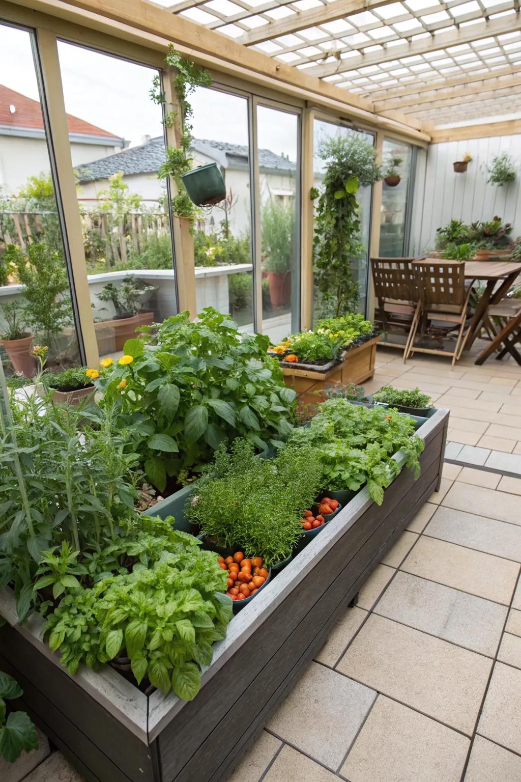 A thriving mini garden on the patio, perfect for fresh homegrown produce.