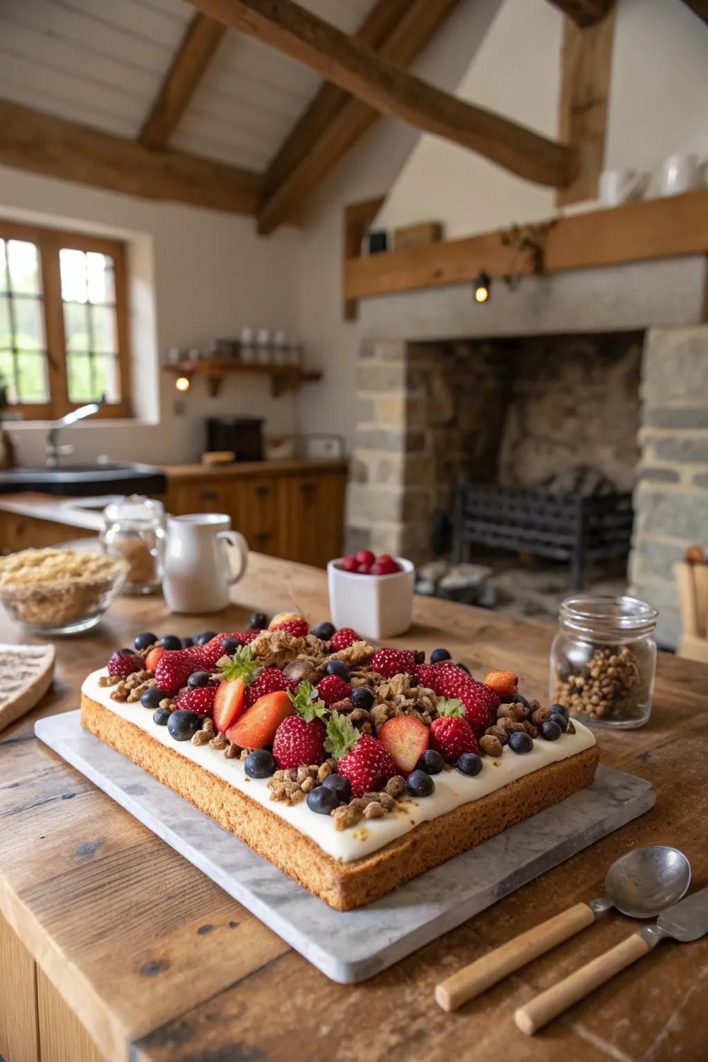 A fruit and nut engagement sheet cake enhanced with natural decorations.