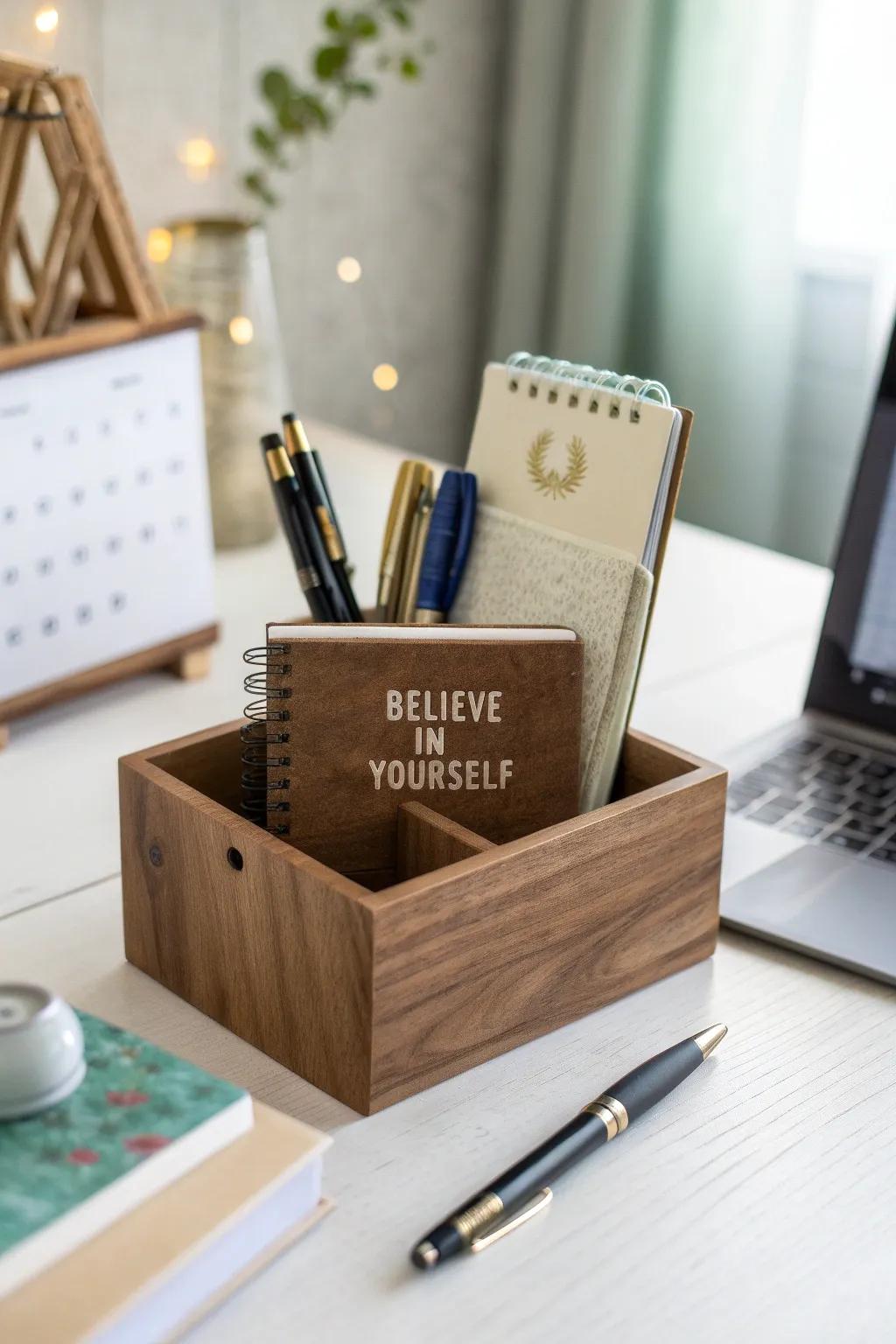 An etched workstation organizer mixes practicality with inspiration for your workspace.