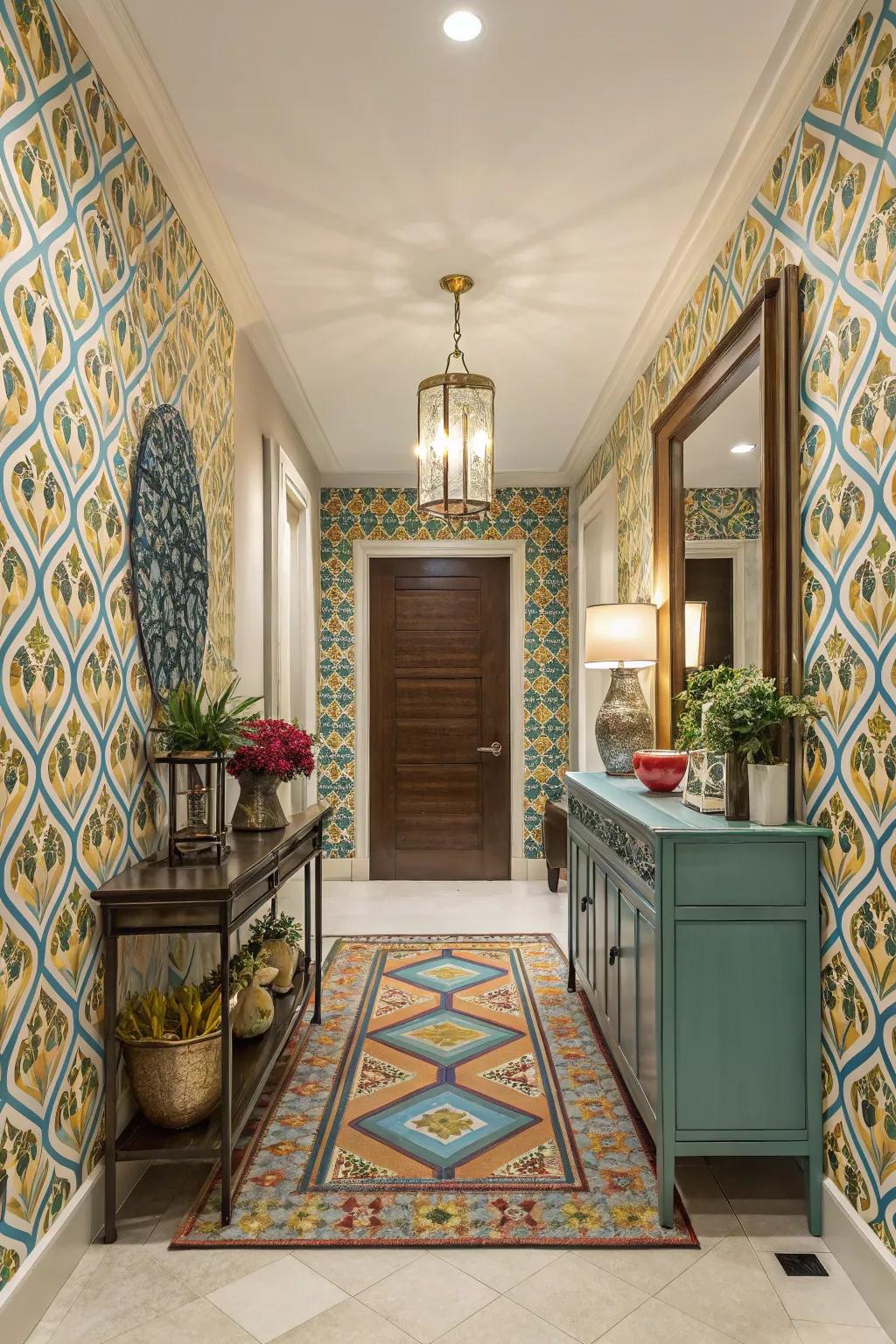 Geometric motifs infuse the foyer with modern style.
