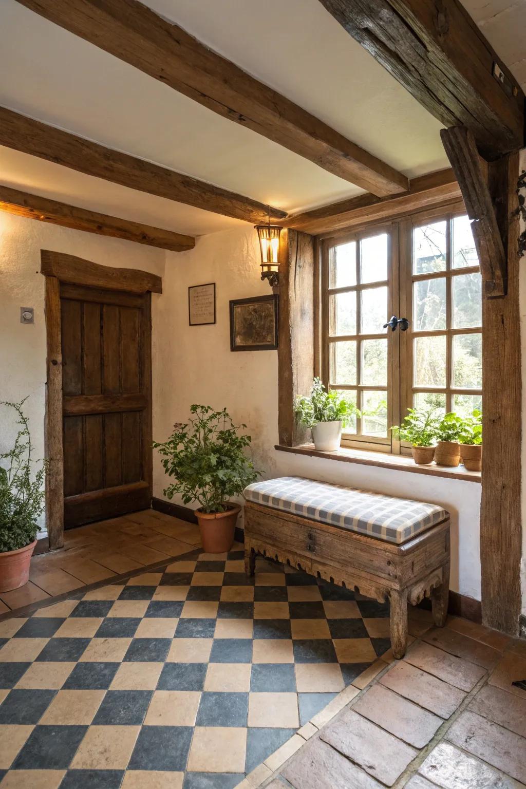 Country elements breathe warmth and character into the entryway.