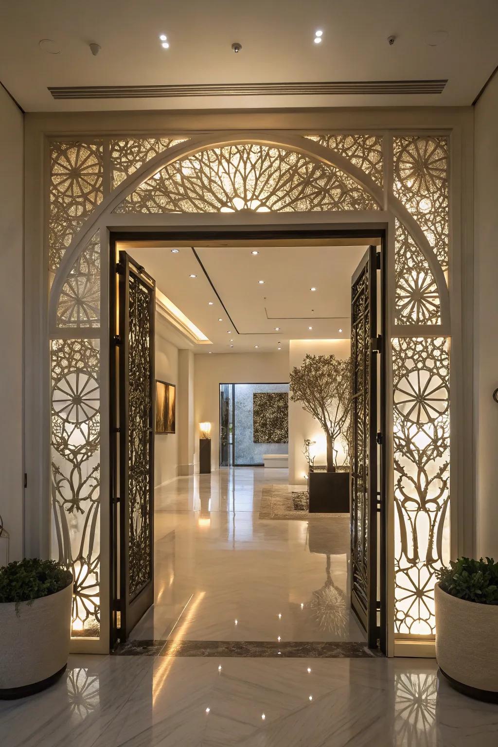 An entrance showcasing an artistic light installation that cultivates a gallery-esque atmosphere.