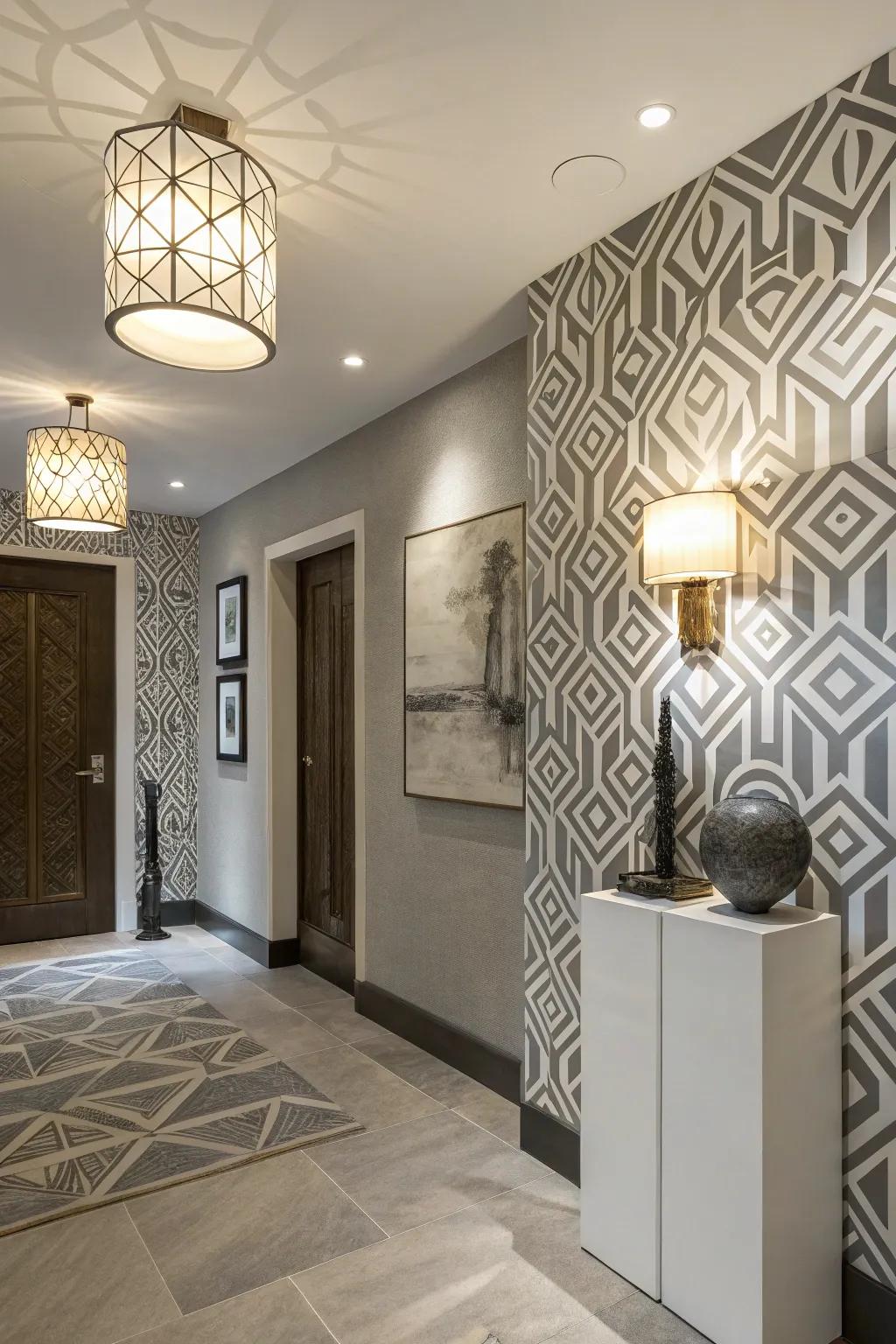 An inspiring entryway featured abstract wallpaper for a creative touch.