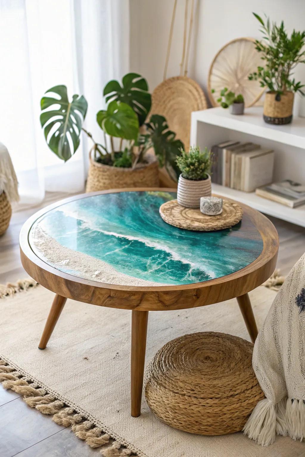 Uncover the artistry involving stratified vistas incorporating this sensational epoxy resin coffee table, wherein straightforwardness encounters organic elegance.