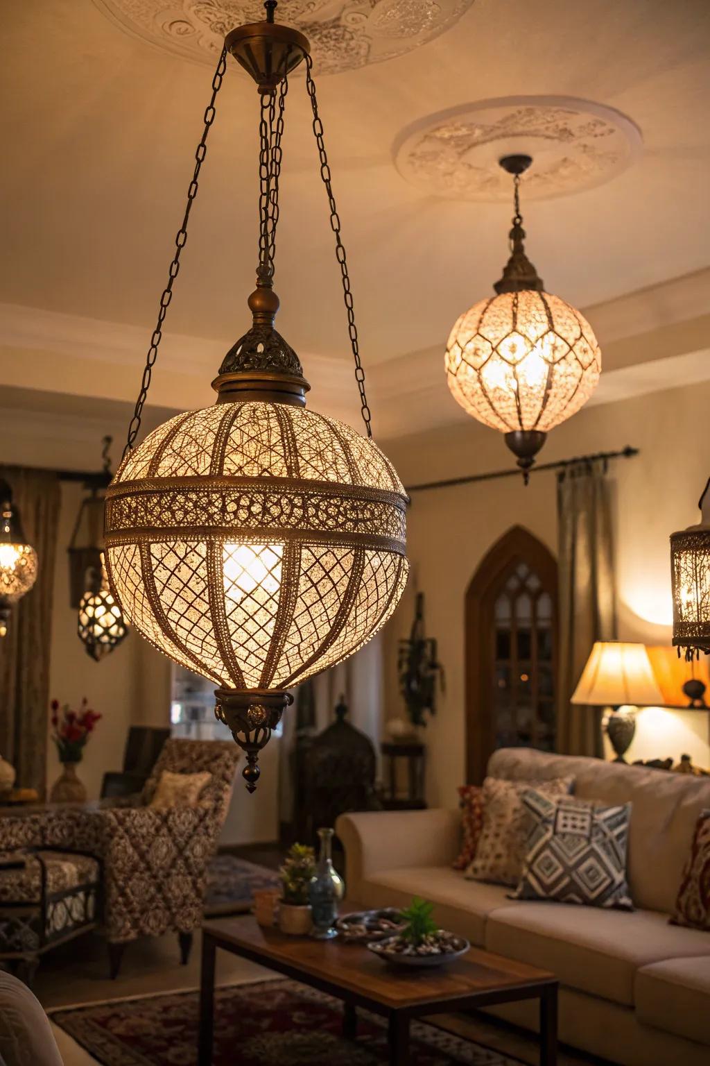 Detailed illumination fixtures enhance the charm of this European-style living space.