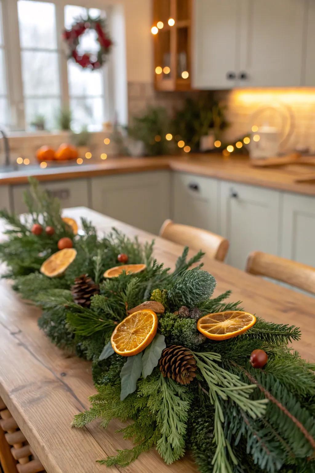 A festive swag showcasing air-dried citrus slices in a warm-toned kitchen.