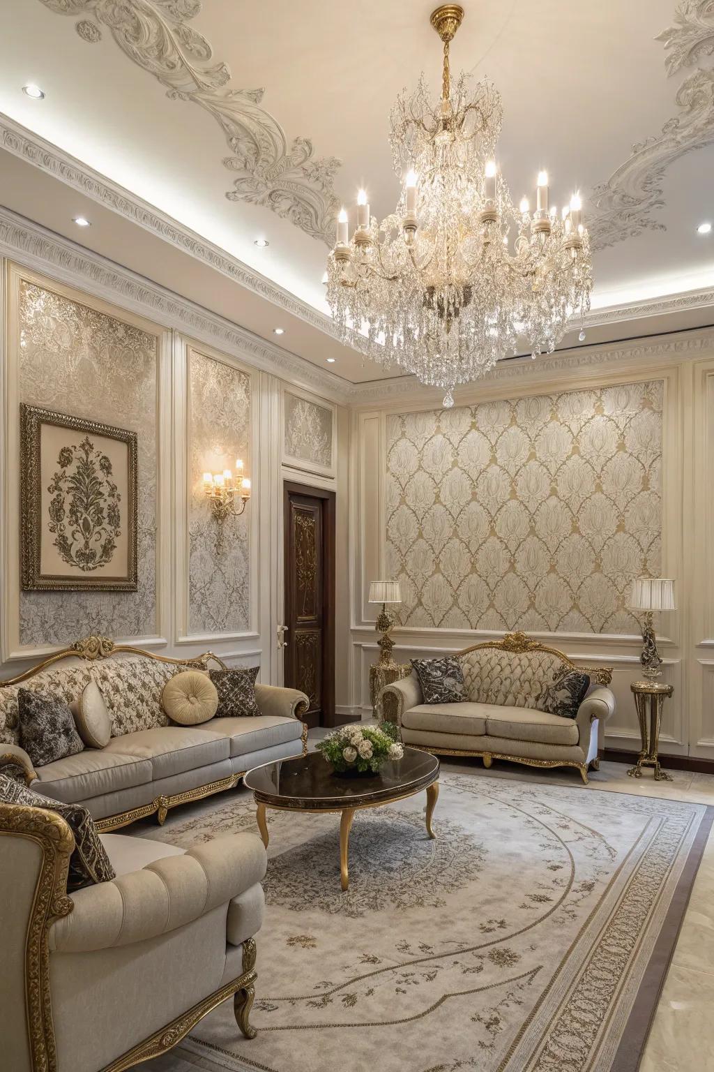 Fabric wallpaper with elegant damask patterns gives off a royal impression.