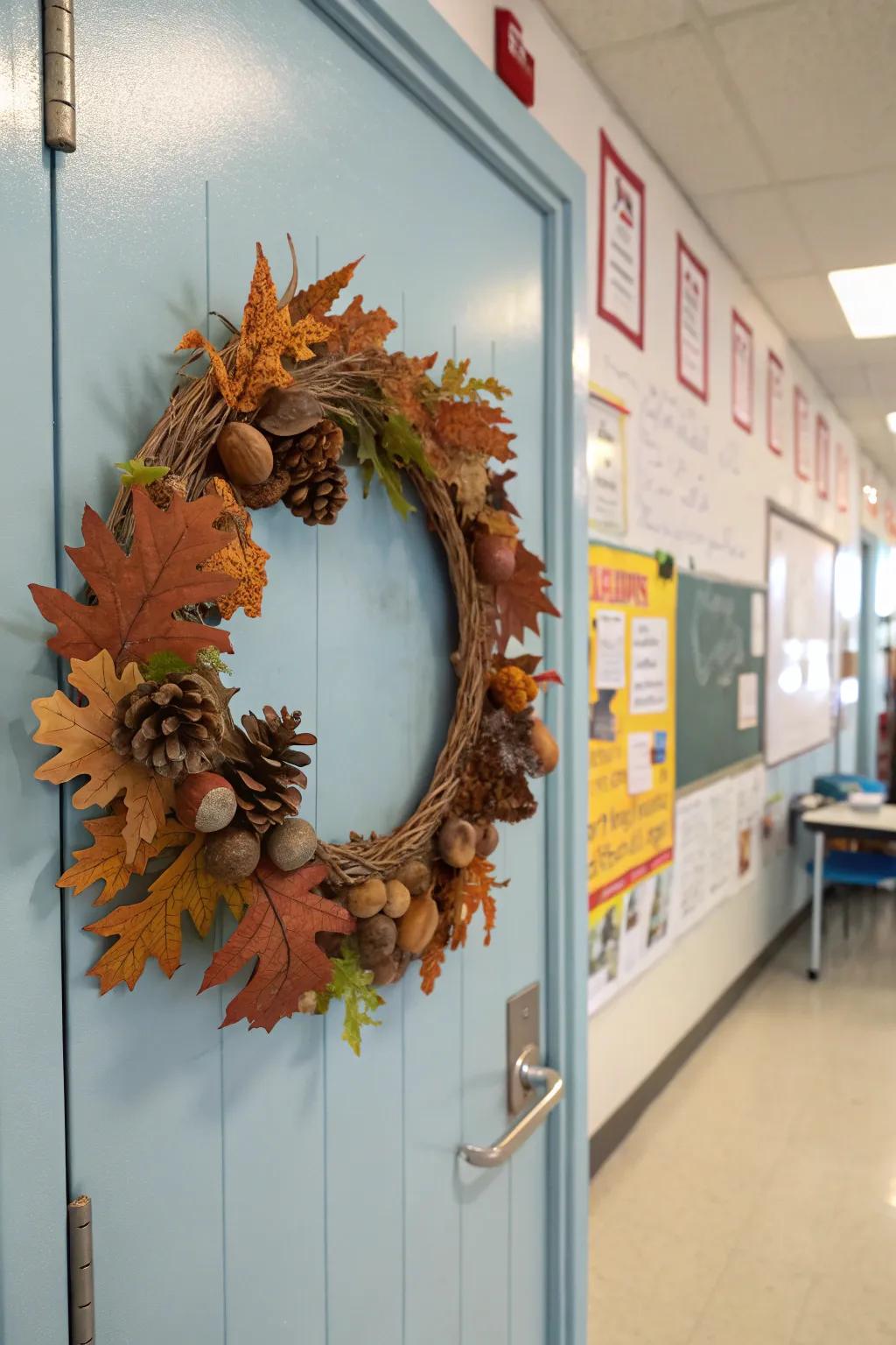 A welcoming handcrafted autumn circlet crafted by students.