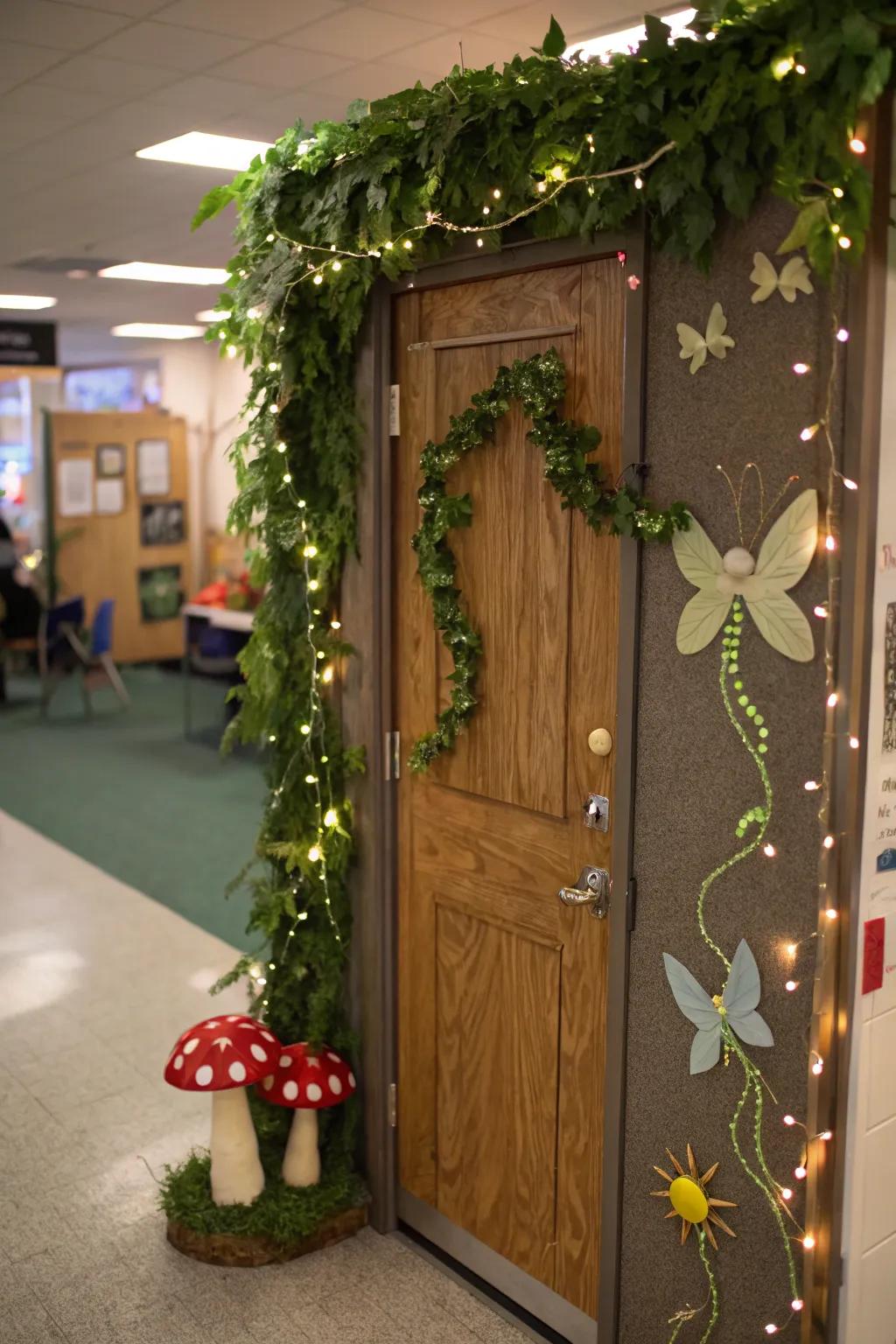 Magical forest entrance decor with whimsical touches.