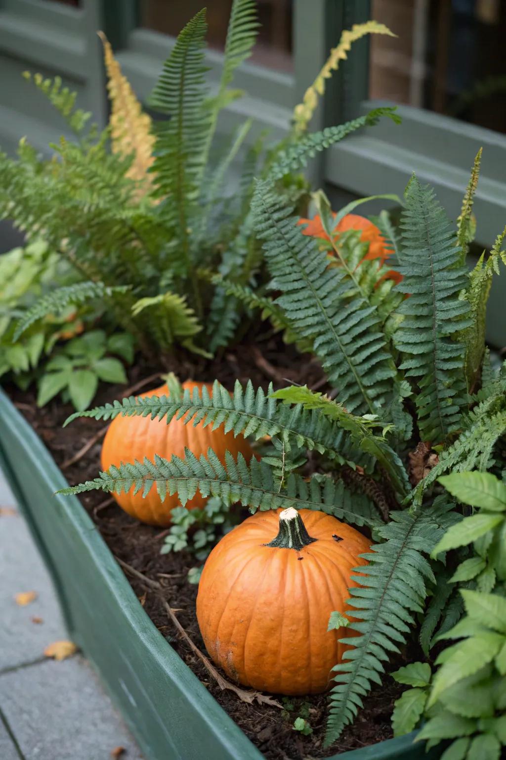 Green leaves provide a refreshing contrast to gourds.