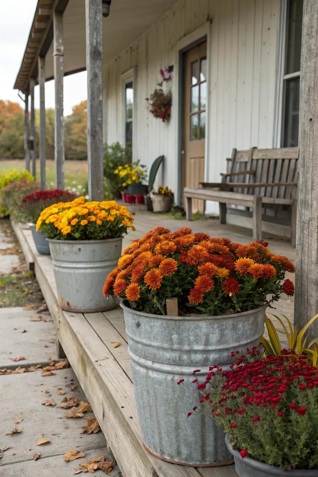 Electroplated pots provide an unrefined detail and highlight autumn's vibrant colors.