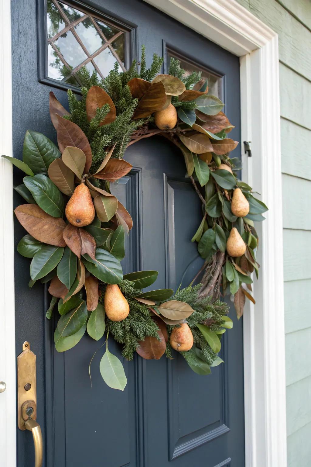 Magnolia leaves and pears append sophistication to your autumnal ornamentation.