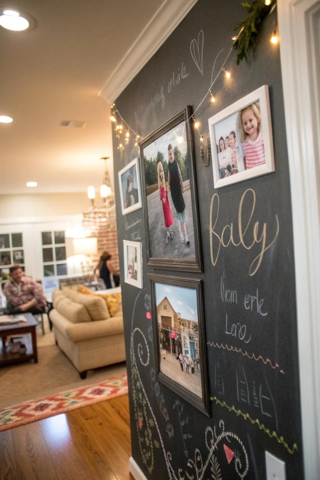 Interactive chalkboard wall adds fun.