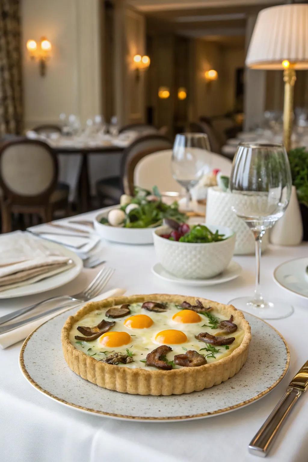 Eggs and mushroom tart makes for a refined and gourmet presentation.