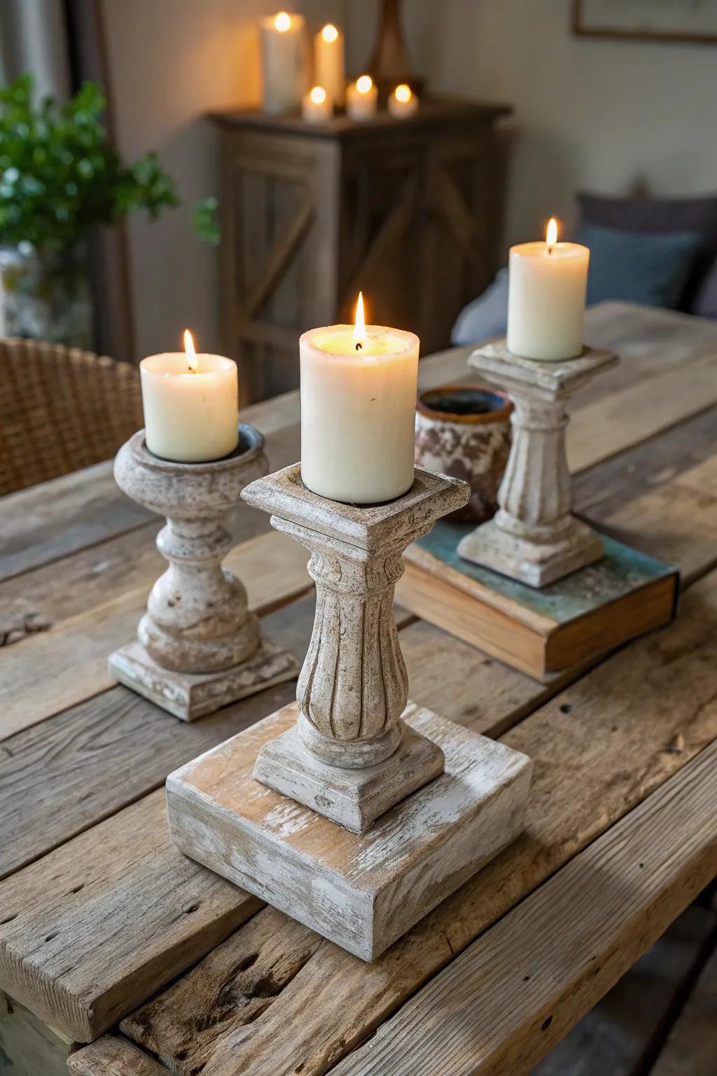 Salvaged lumber illumination holders inject a warm, rustic radiance.