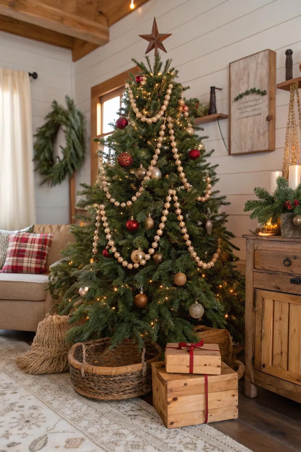 Wood beads bring an uncomplicated, primitive nuance to this farmhouse Christmas tree.