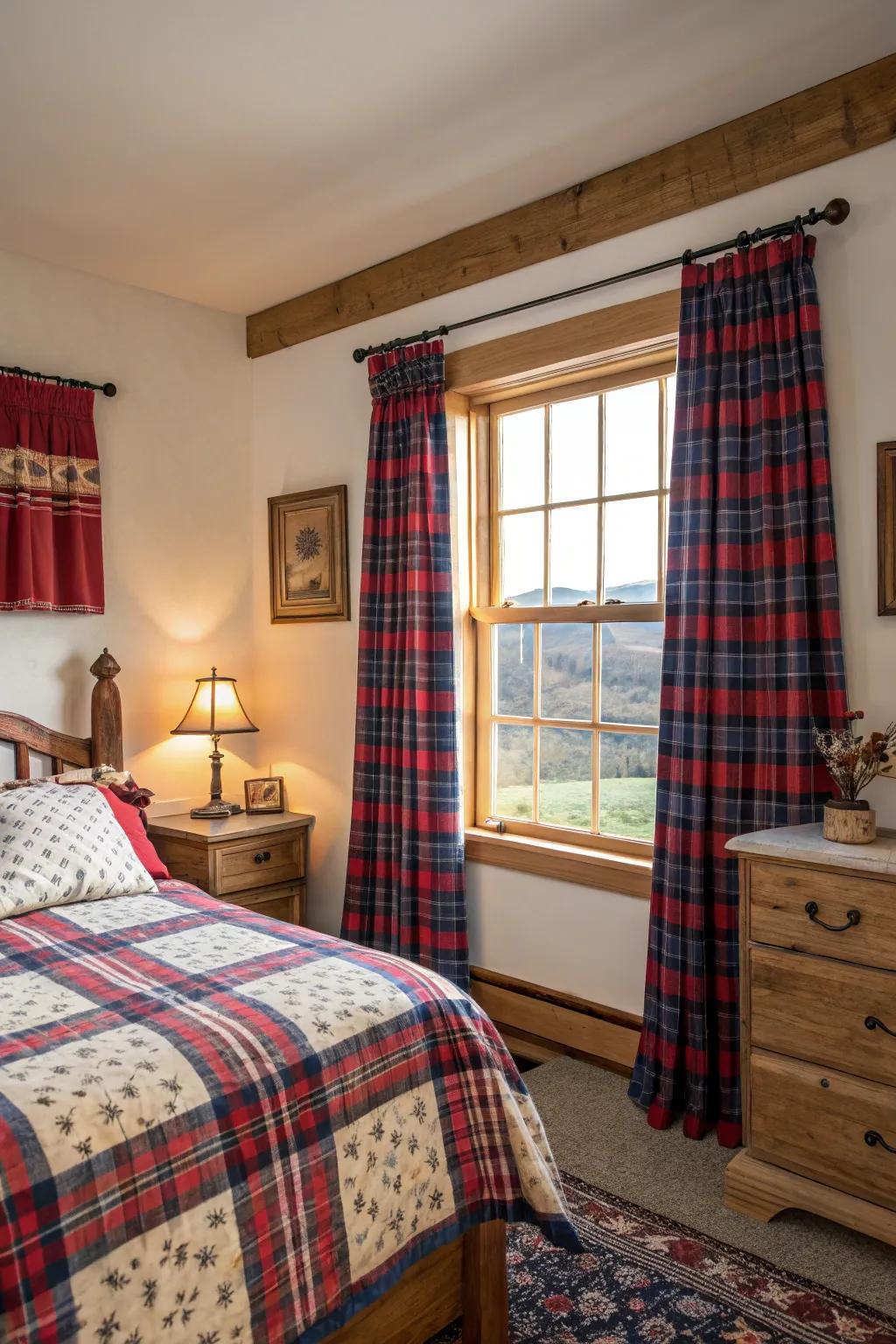 Checkered curtains bringing warmth and nostalgia to a cozy farmhouse bedroom.