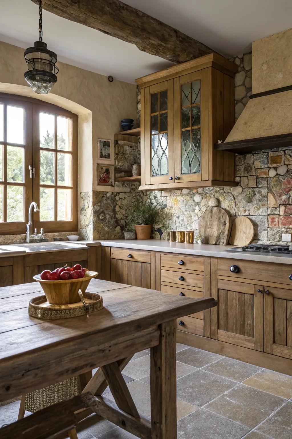 A farmhouse cooking area with a mixed material mosaic backsplash.