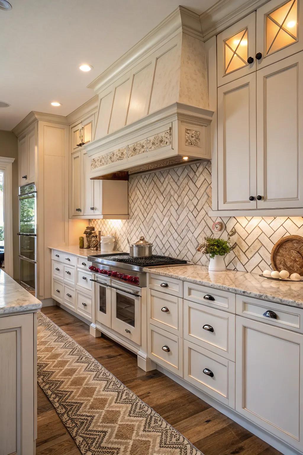 A herringbone backsplash adds fullness and sophistication to this farmhouse kitchen.