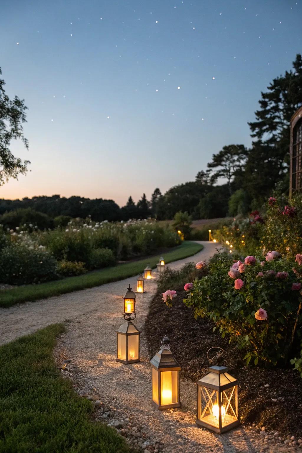Lanterns illuminate garden paths beautifully.