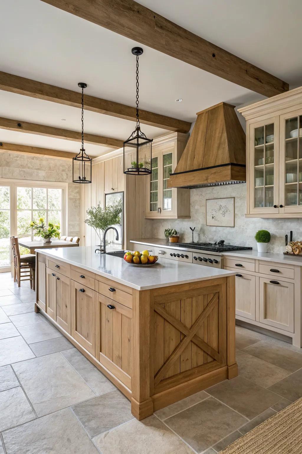 A statement island enhances the design of a cooking space featuring pale timber cabinetry.