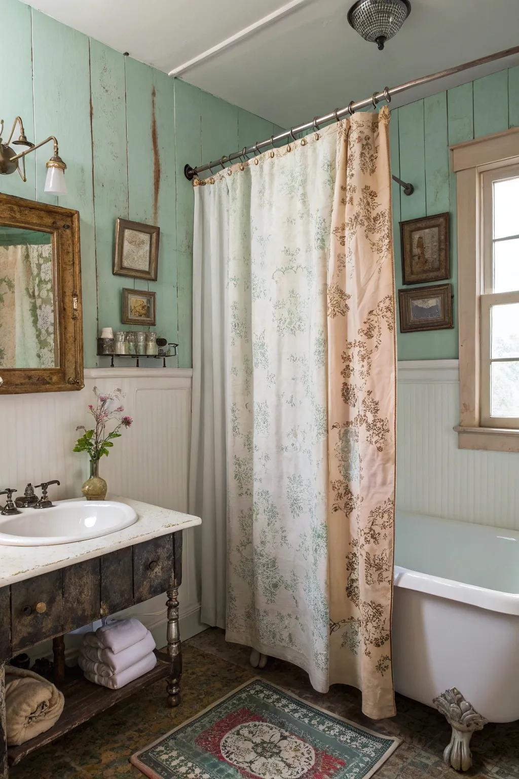 A bathroom featuring a worn look shower drape and vintage design elements.
