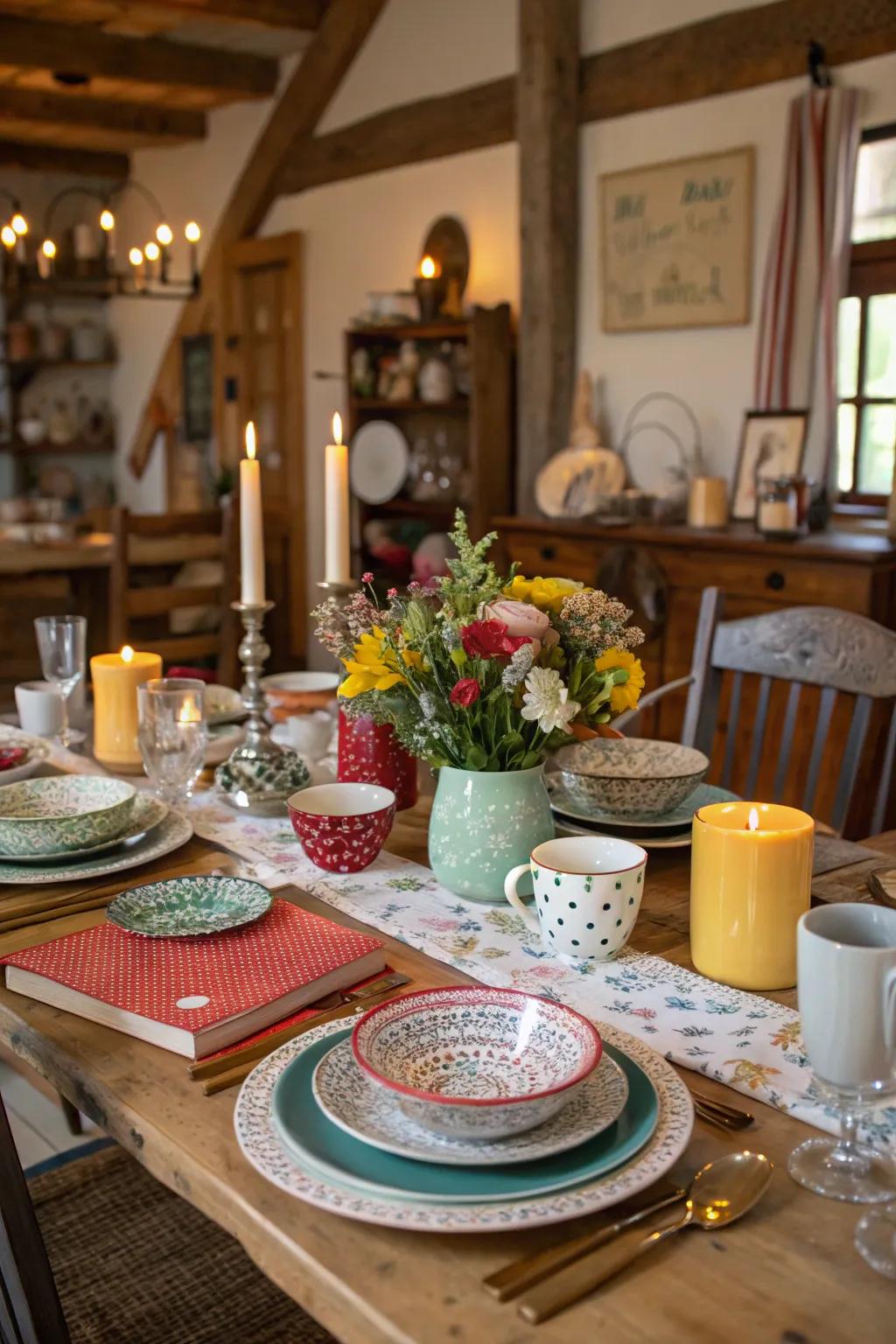 Mismatched dishes add charm and personality.