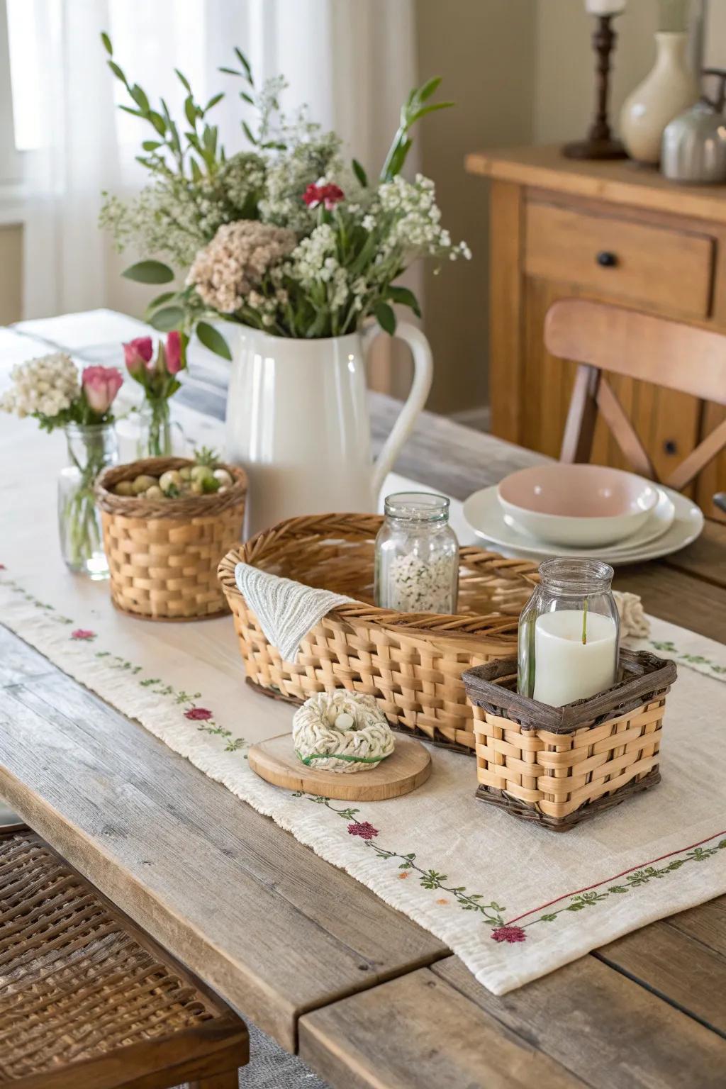 Woven baskets add texture and functionality.