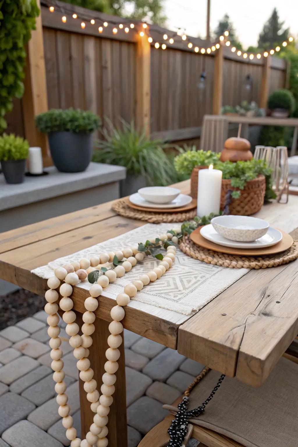 Outdoor space decorated with timber-sphere strand for a cozy atmosphere.