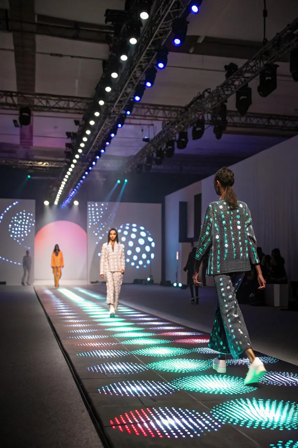 Interactive illumination fixtures craft an immersive experience for the fashion show audience.