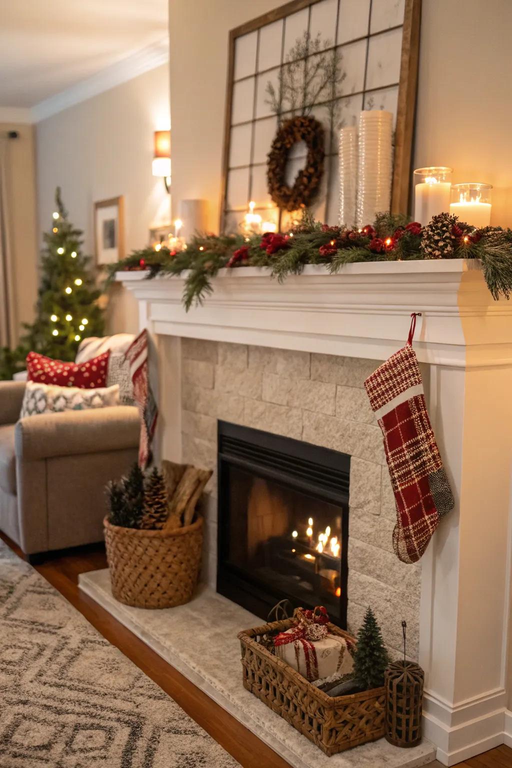 An artificial fireplace using a versatile drifting mantel shelving for added ornamental space.