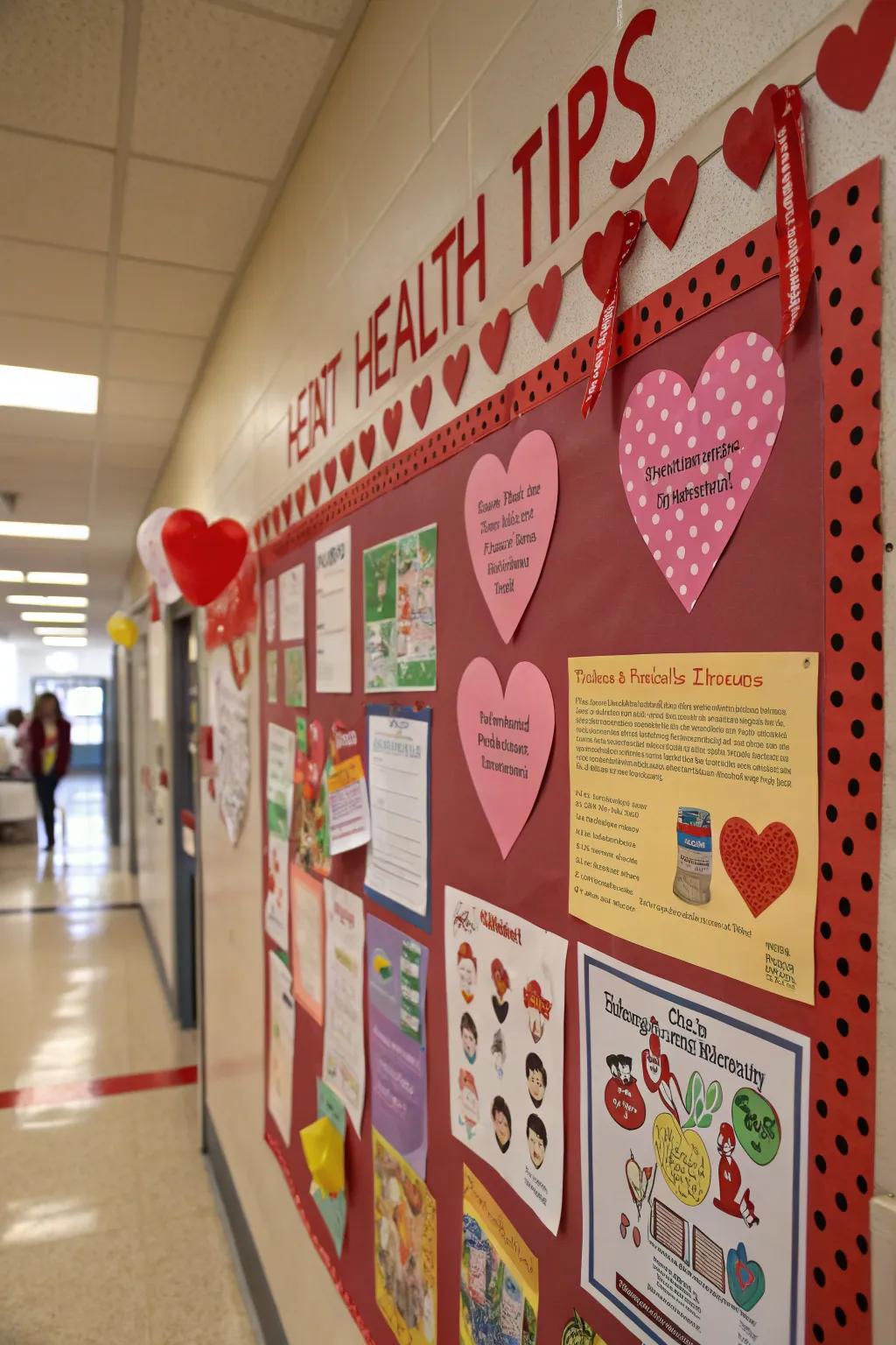 A heart health-themed bulletin board with wellness tips.