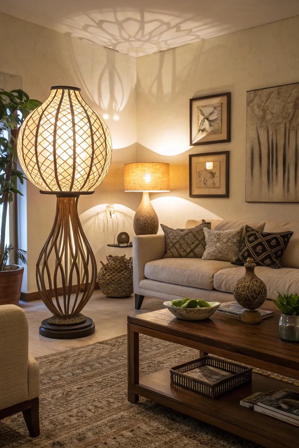 A living space showcasing an artistic and sculptural lighting fixture.