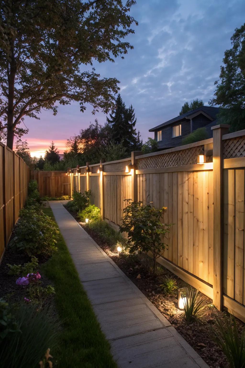 Illuminated fences engender a captivating atmosphere after sundown.