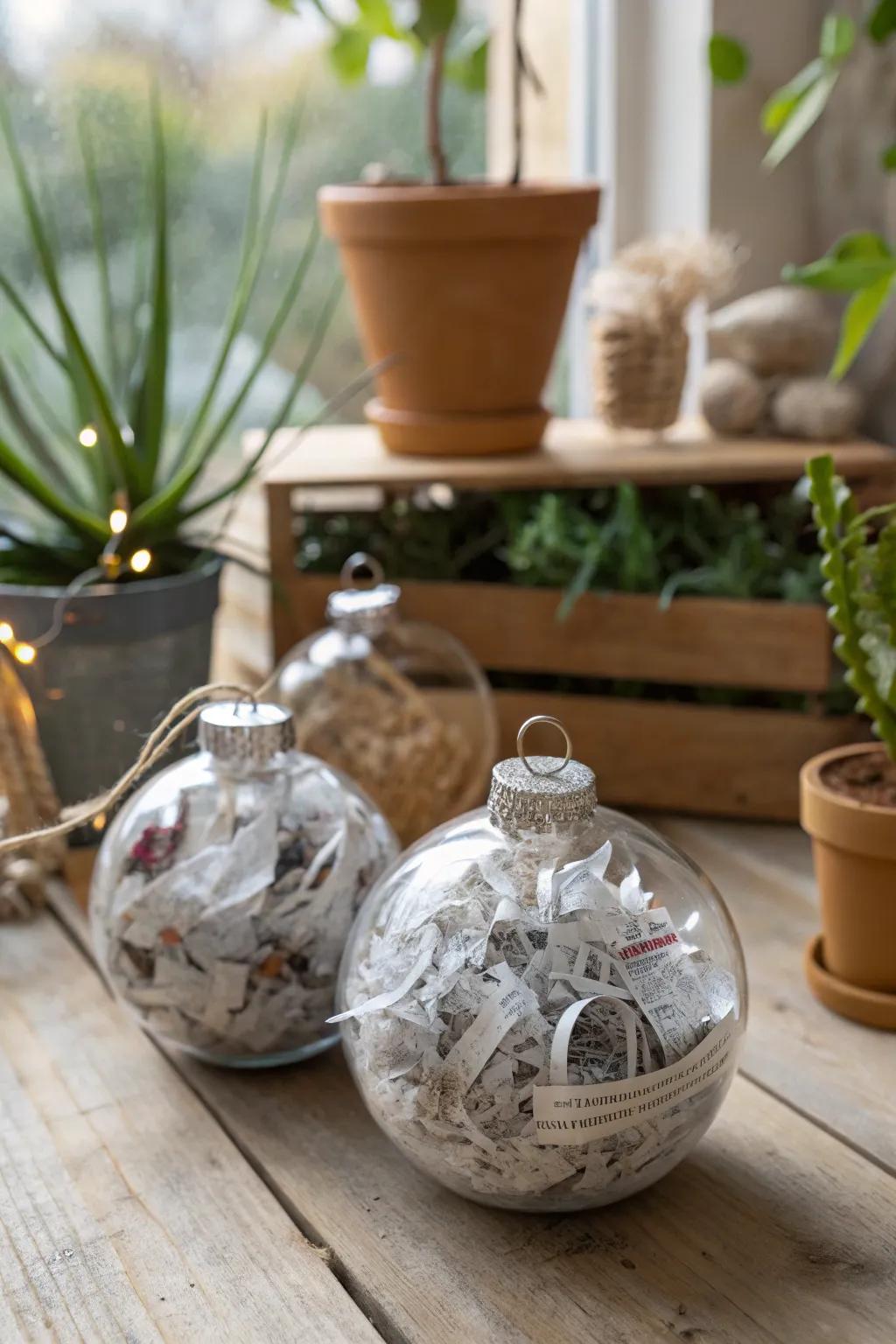 Eco-conscious ornaments featuring reclaimed materials.