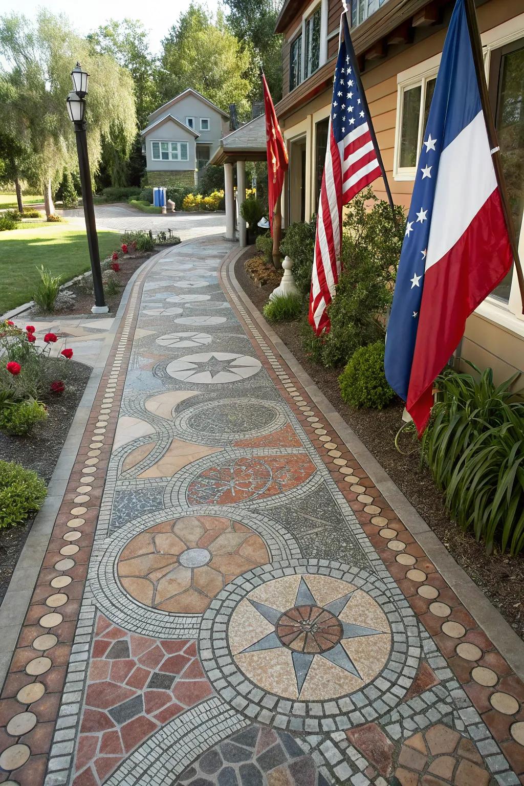 An intricate mosaic design turning a rear lot access road into a piece of art.