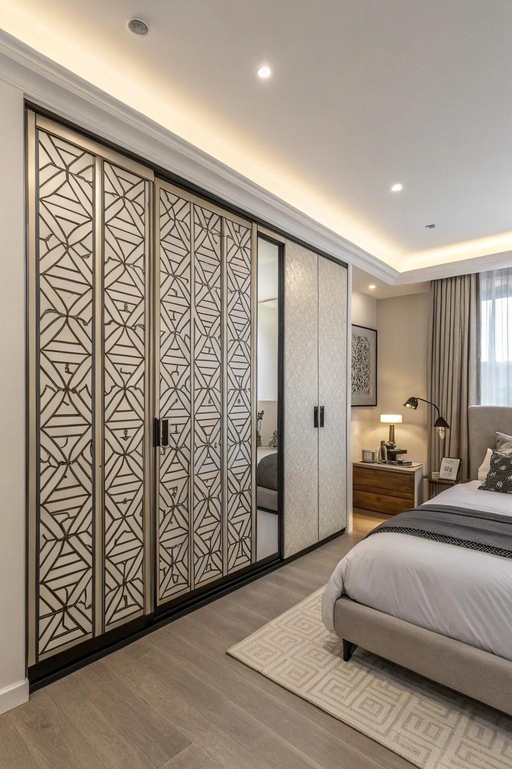 Symmetrical patterns give closet doors a modern flair.