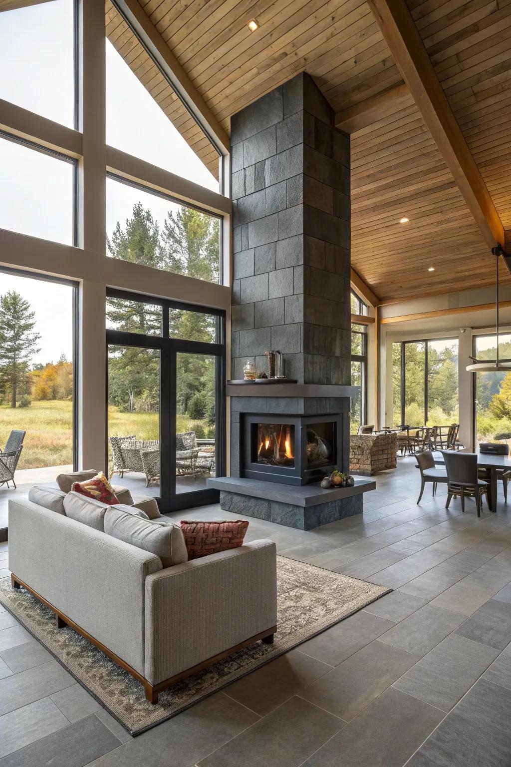 A dual-sided floor-to-ceiling fireplace connecting two rooms.