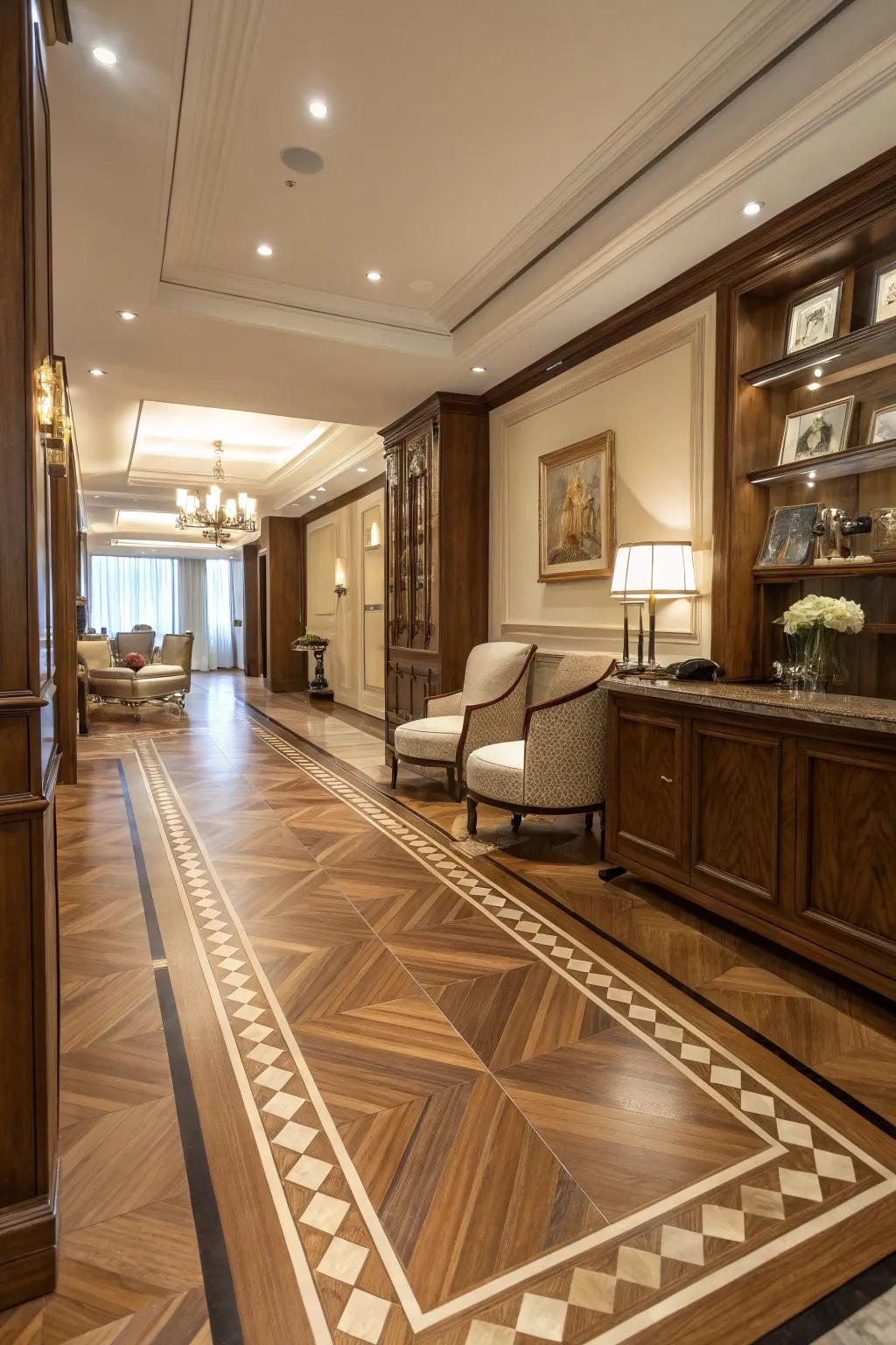 Wood inlay transition adds seamless elegance.