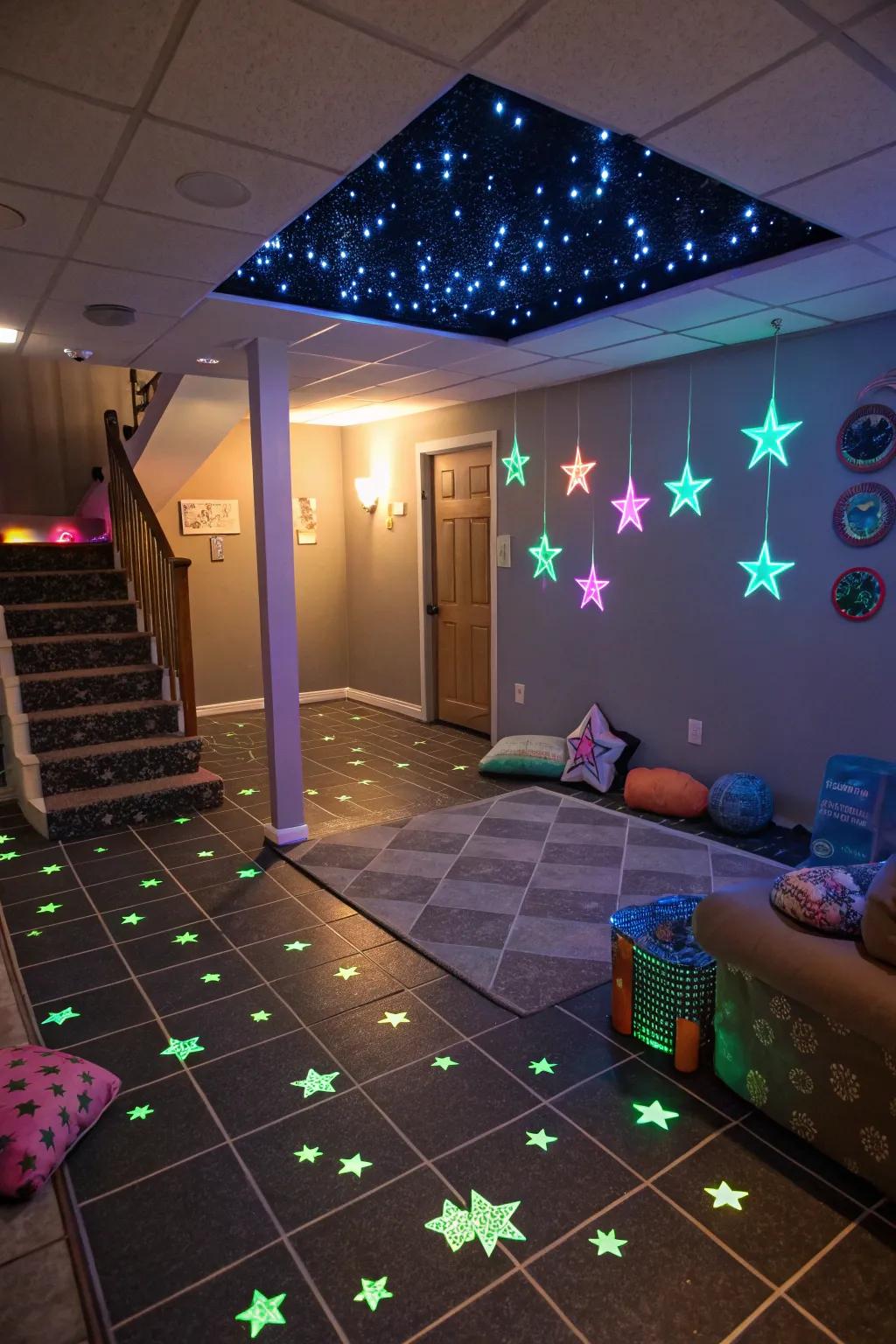 Glow-in-the-dark coverings add a magical touch to your basement.