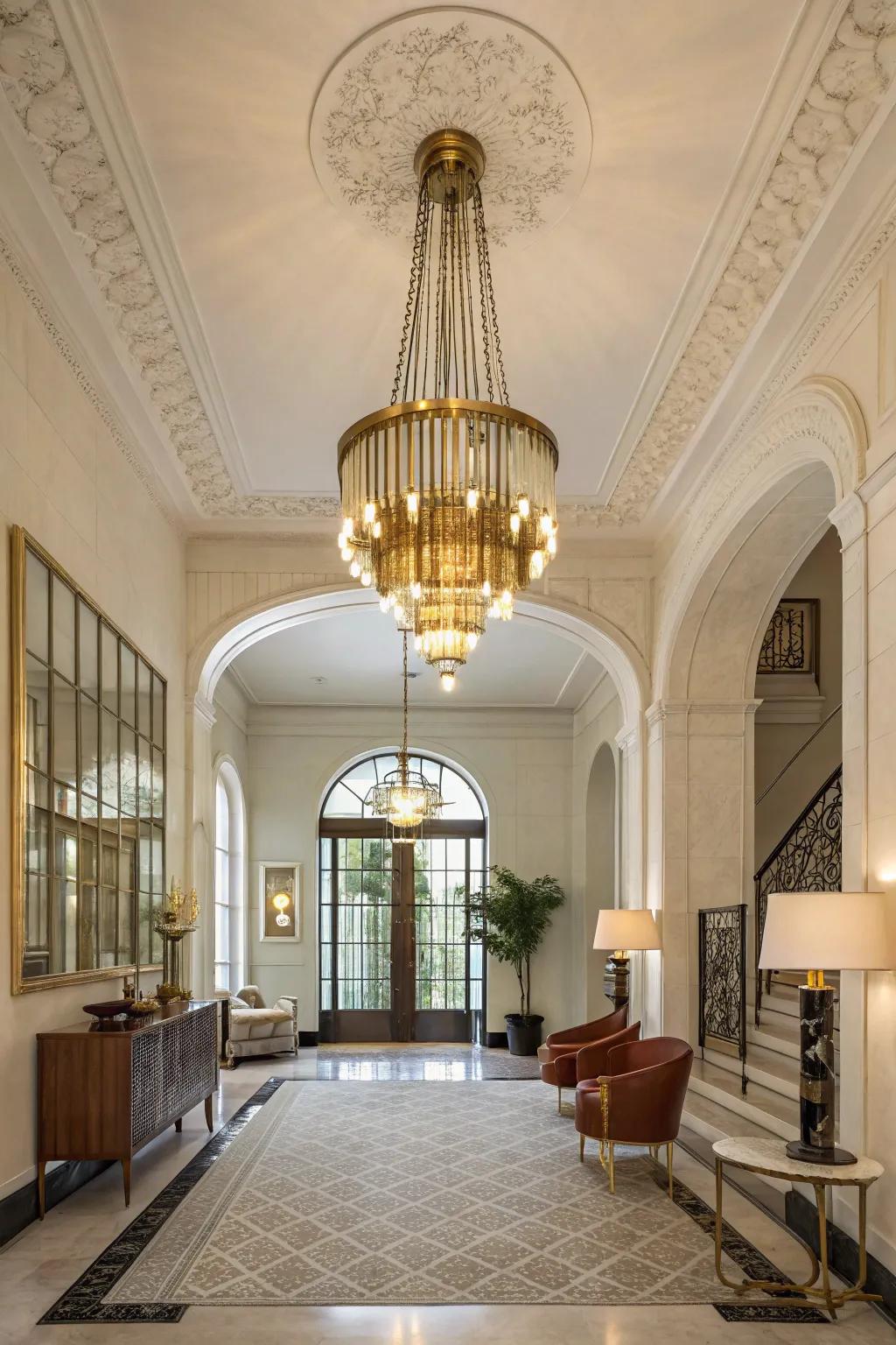 A mid-century modern chandelier adds retro charm to this stylish entrance hall.