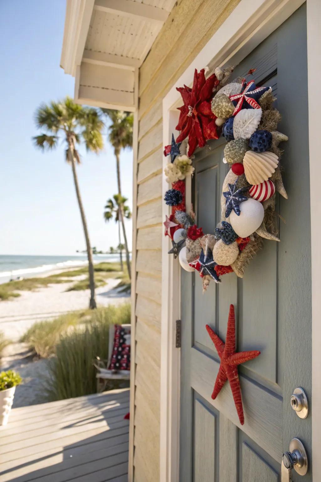 A coastline-inspired decoration featuring seashells and patriotic flair.